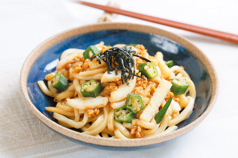 いかとオクラの納豆うどん