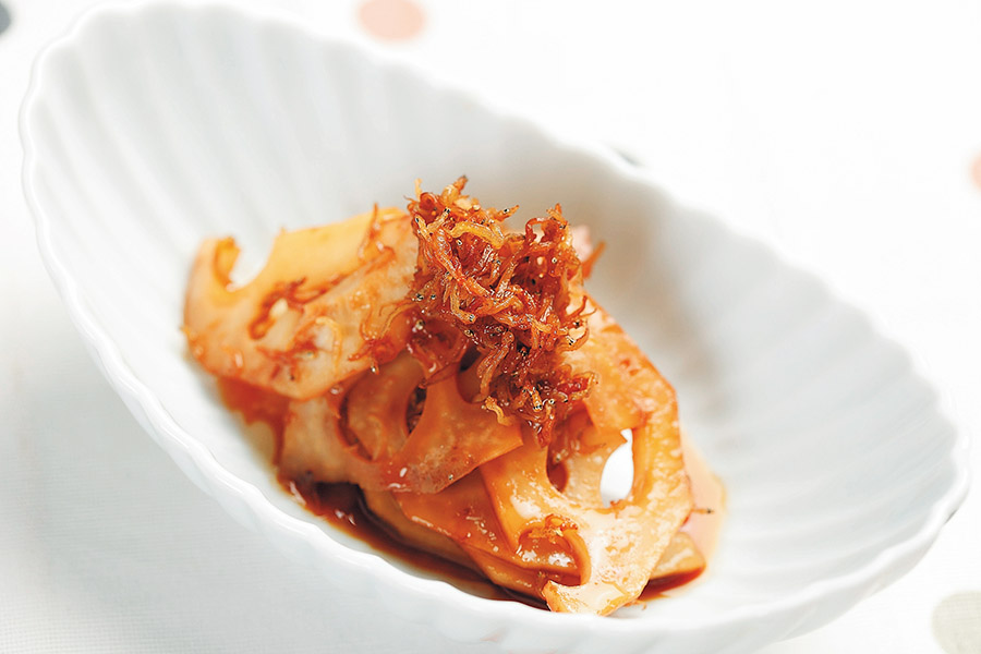 れんこんの甘酢漬けカリカリちりめんのせ