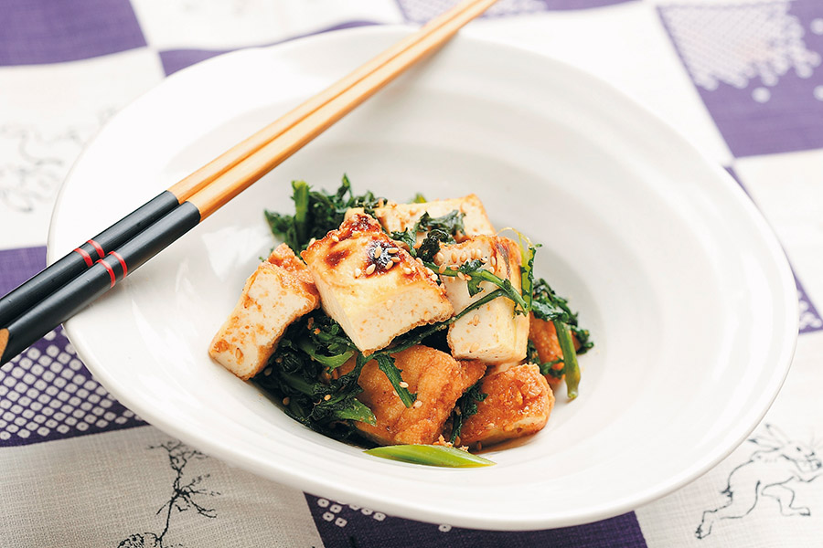 厚揚げと春菊のごまドレッシングあえ