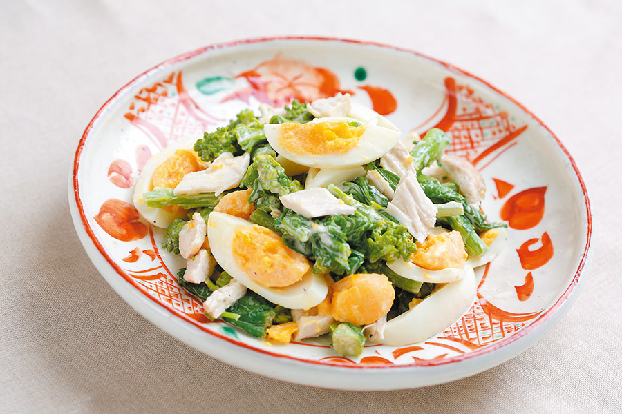 蒸し鶏と菜花のマスタードマヨあえ