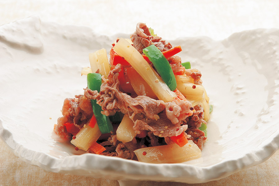 セロリと牛肉のマスタードソースあえ