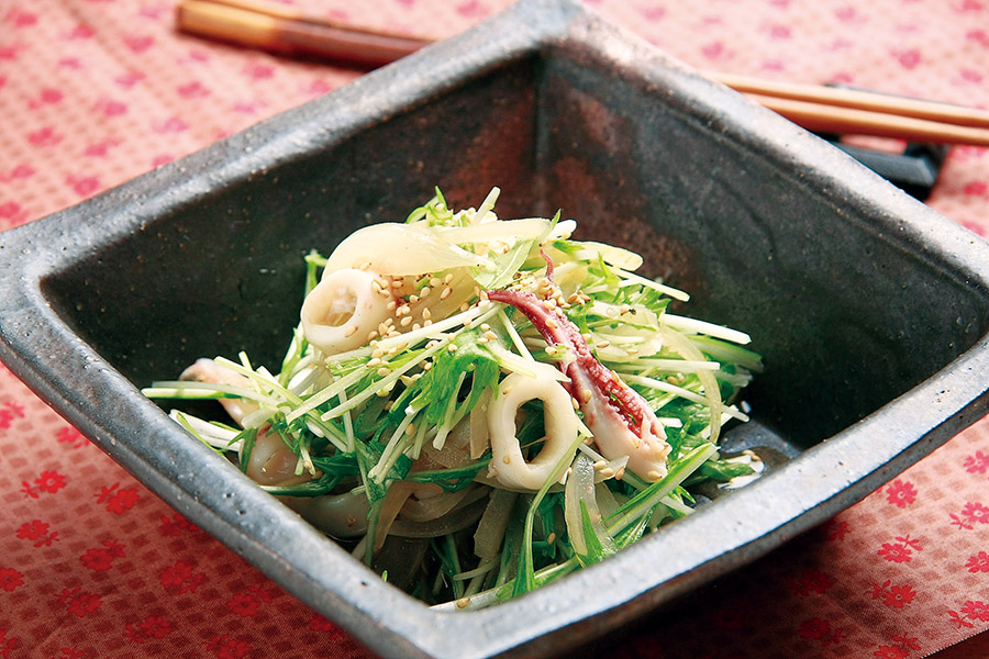 いかと玉ねぎと水菜のポン酢あえ