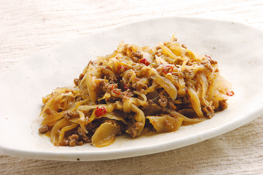 玉ねぎと豚ひき肉のしょうゆ炒め