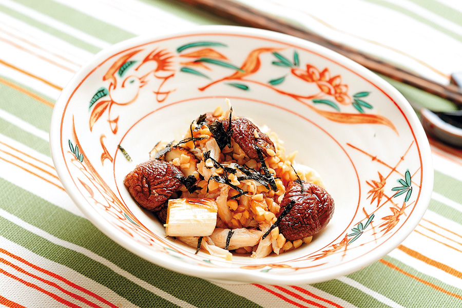 焼きねぎとしいたけとささみの納豆あえ