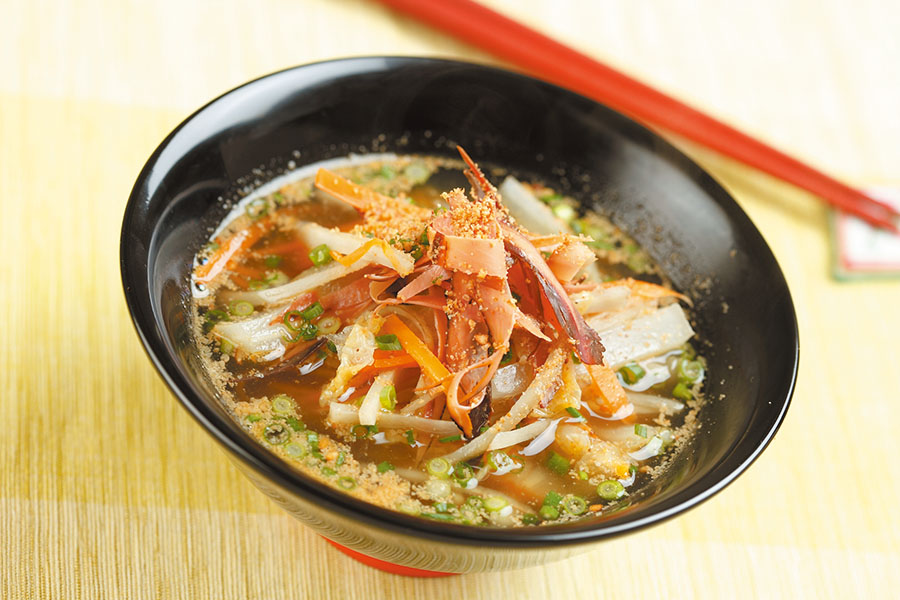 細切り野菜と厚けずり節のごま風味汁