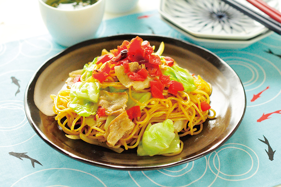 福神漬と豚バラ肉のカレー焼きそば
