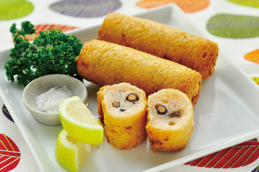 黒大豆とえびすりみのロール揚げ